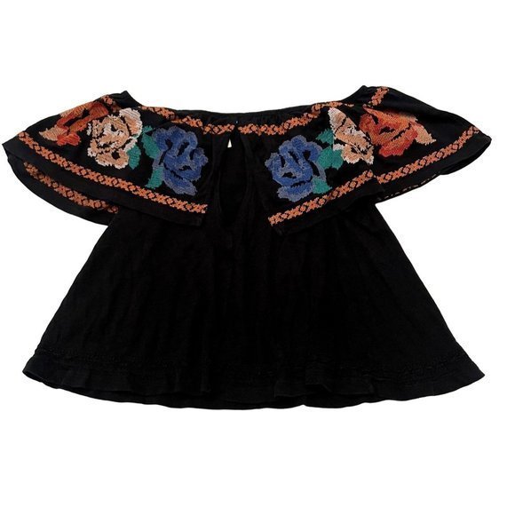 Free People Off‎ The Shoulder Black Cross Stitch floral Ebroidered Blouse Size M - Picture 3 of 5